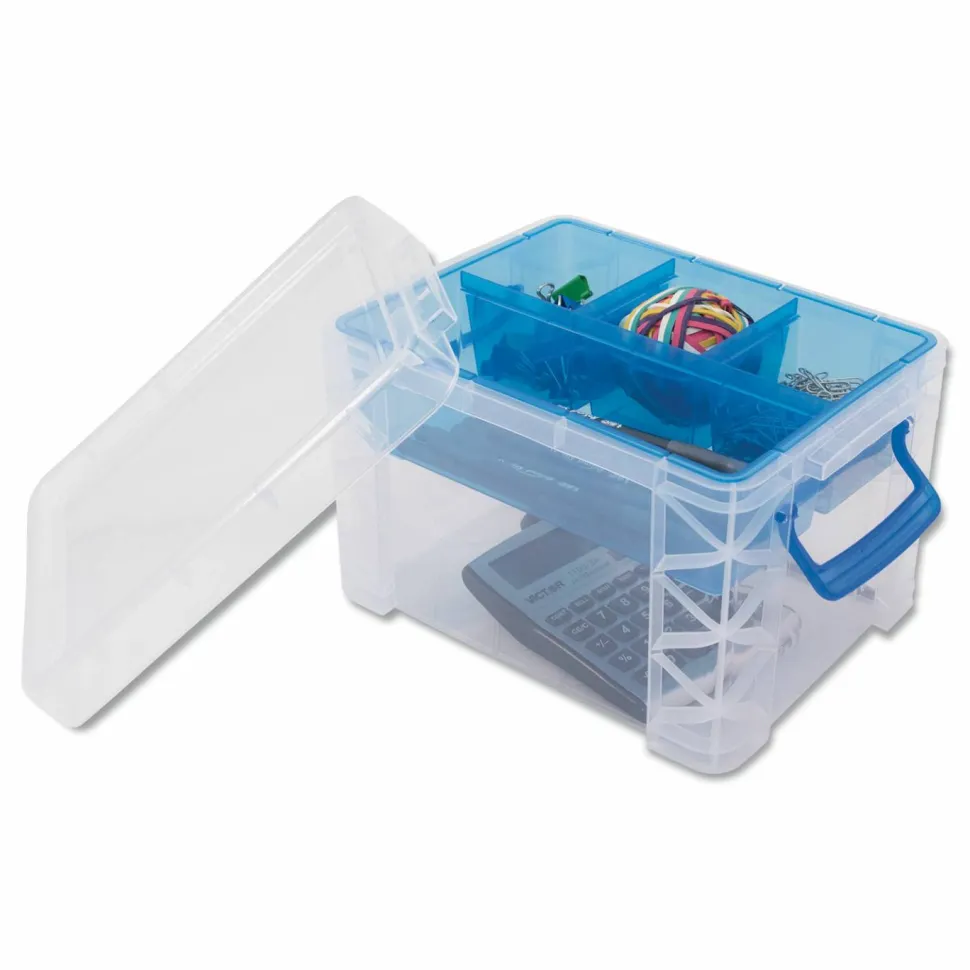 Advantus Super Stacker Divided Storage Box, 5 Sections, 7.5" x 10.13" x 6.5", Clear/Blue