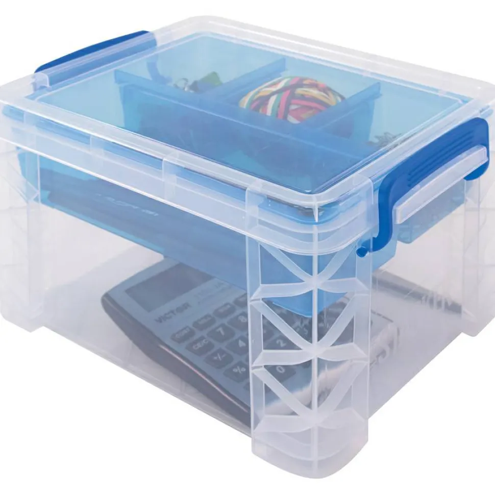 Advantus Super Stacker Divided Storage Box, 5 Sections, 7.5" x 10.13" x 6.5", Clear/Blue