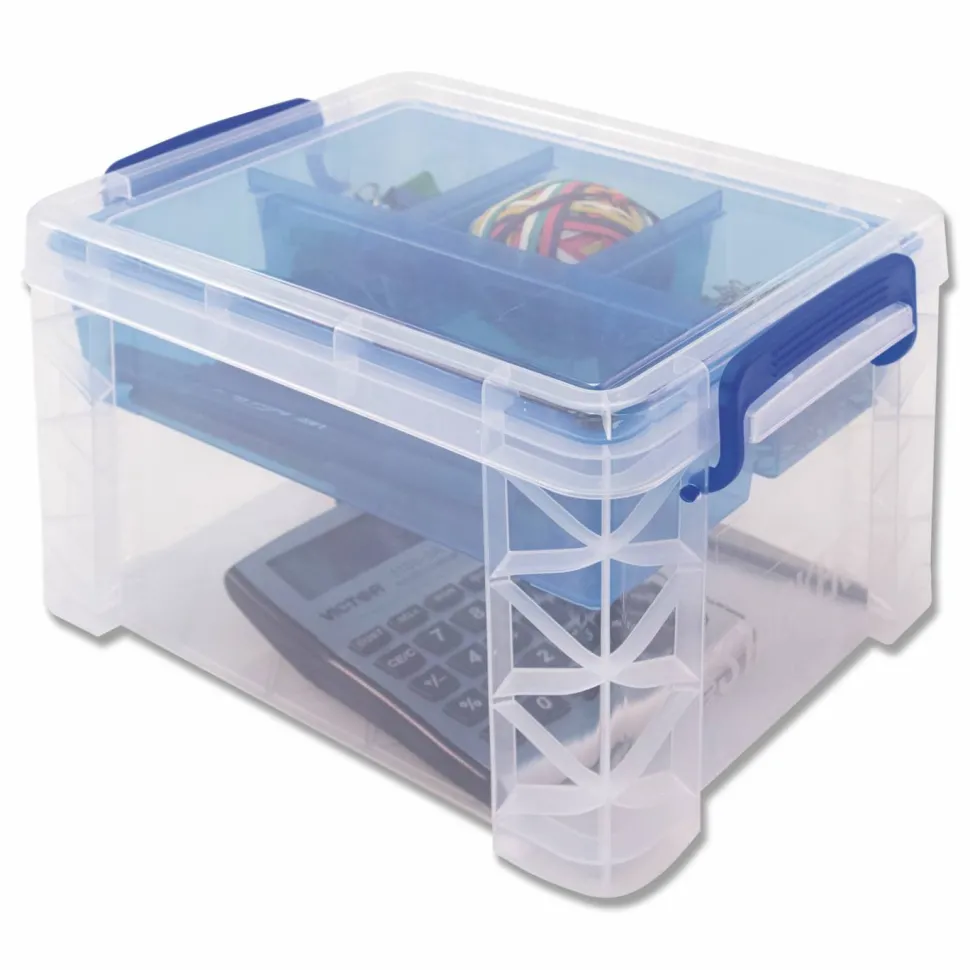 Advantus Super Stacker Divided Storage Box, 5 Sections, 7.5" x 10.13" x 6.5", Clear/Blue