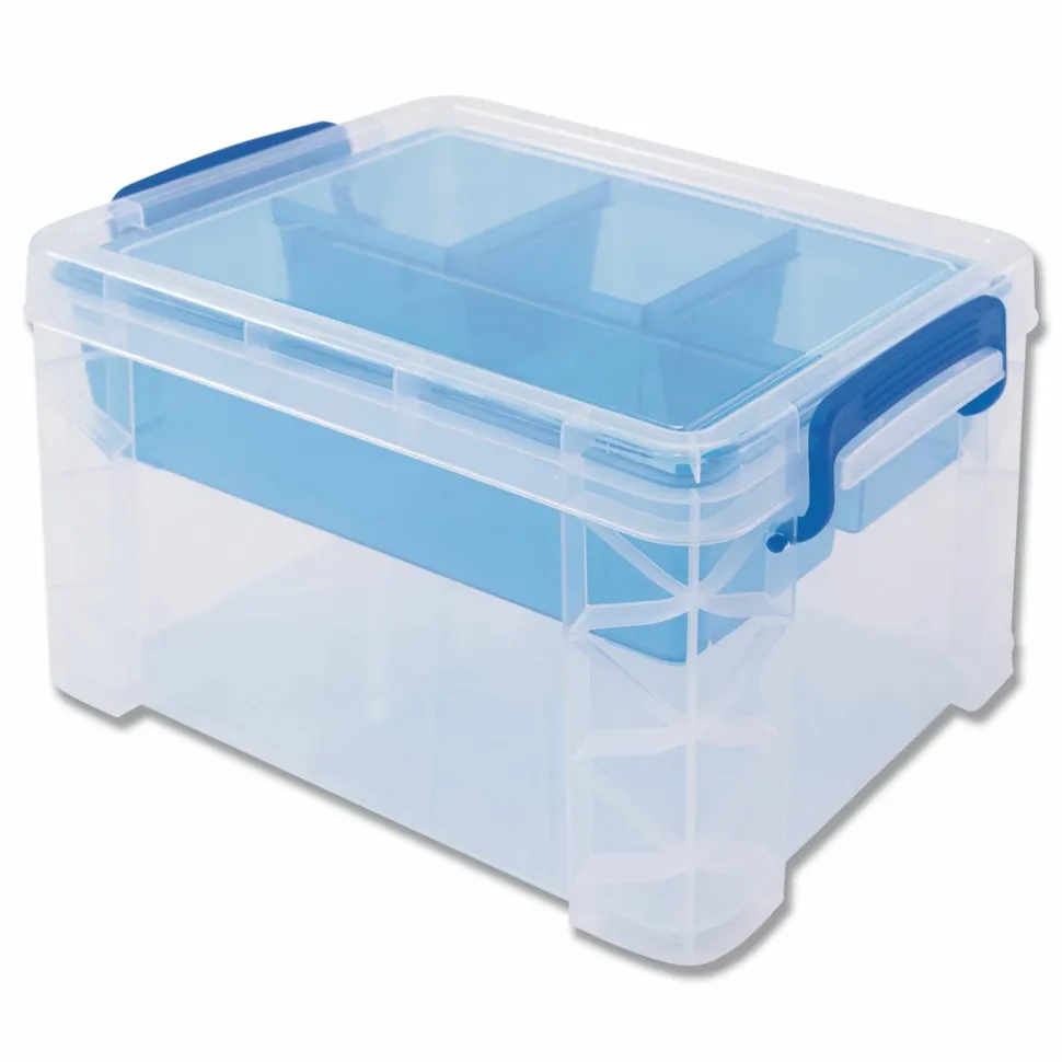 Advantus Super Stacker Divided Storage Box, 5 Sections, 7.5" x 10.13" x 6.5", Clear/Blue