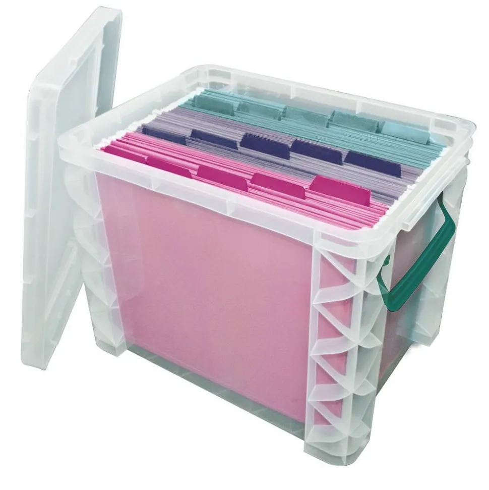 Advantus Super Stacker Plastic Storage Container With Built In Handles And Snap Lid, 19 Liters, Clear/Sea Breeze