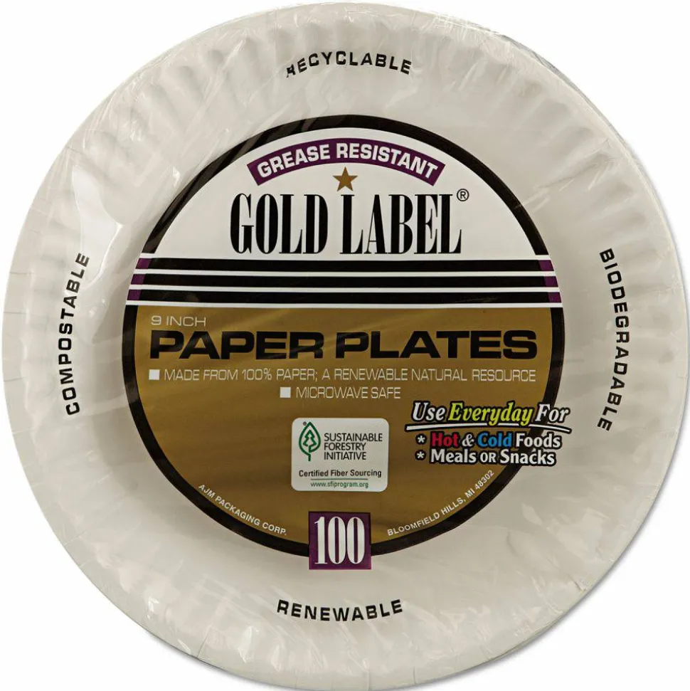 AJM Packaging Corporation Gold Label Coated Paper Plates, 9" dia, White, 100/Pack, 10 Packs/Carton