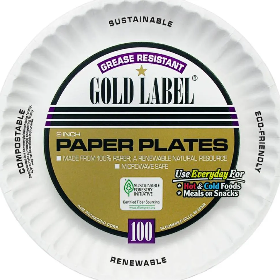 AJM Packaging Corporation Gold Label Coated Paper Plates, 9" dia, White, 100/Pack, 10 Packs/Carton