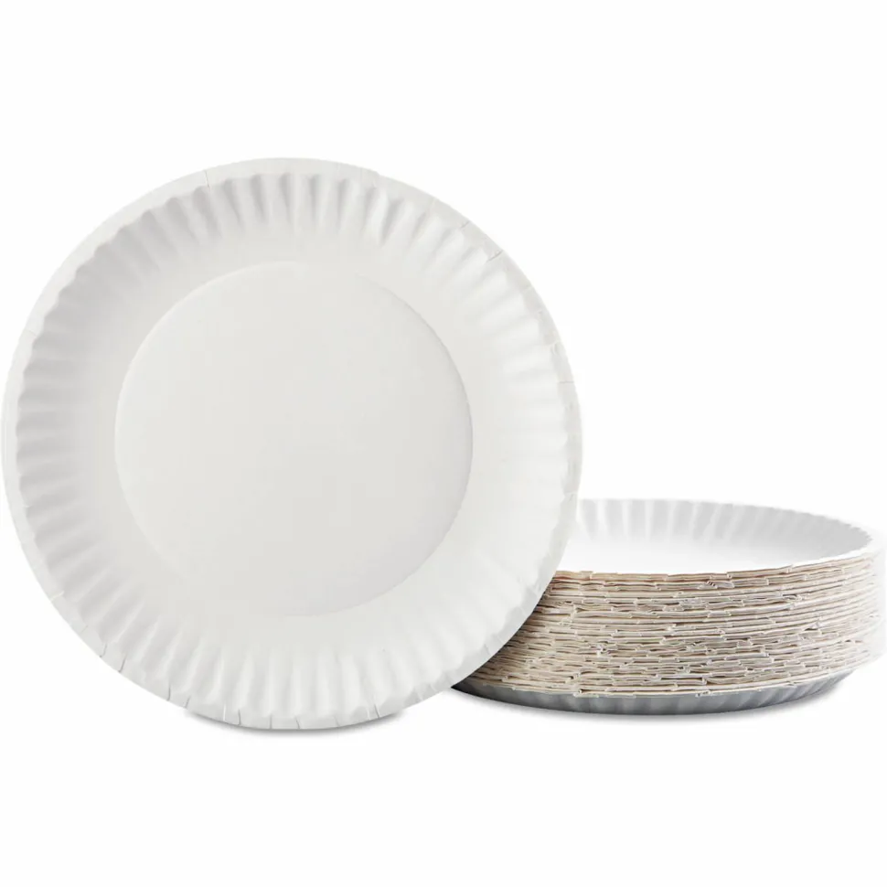 AJM Packaging Corporation Gold Label Coated Paper Plates, 9" dia, White, 100/Pack, 10 Packs/Carton