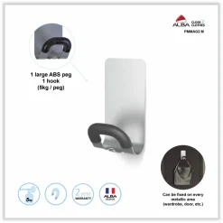 Alba Magnetic Coat Peg, ABS/Magnet/Steel, Black/Silver, Supports 11 lbs