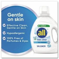 all Free Clear HE Laundry Detergent, 58 Loads, Unscented, 73 oz Bottle, 6/Carton
