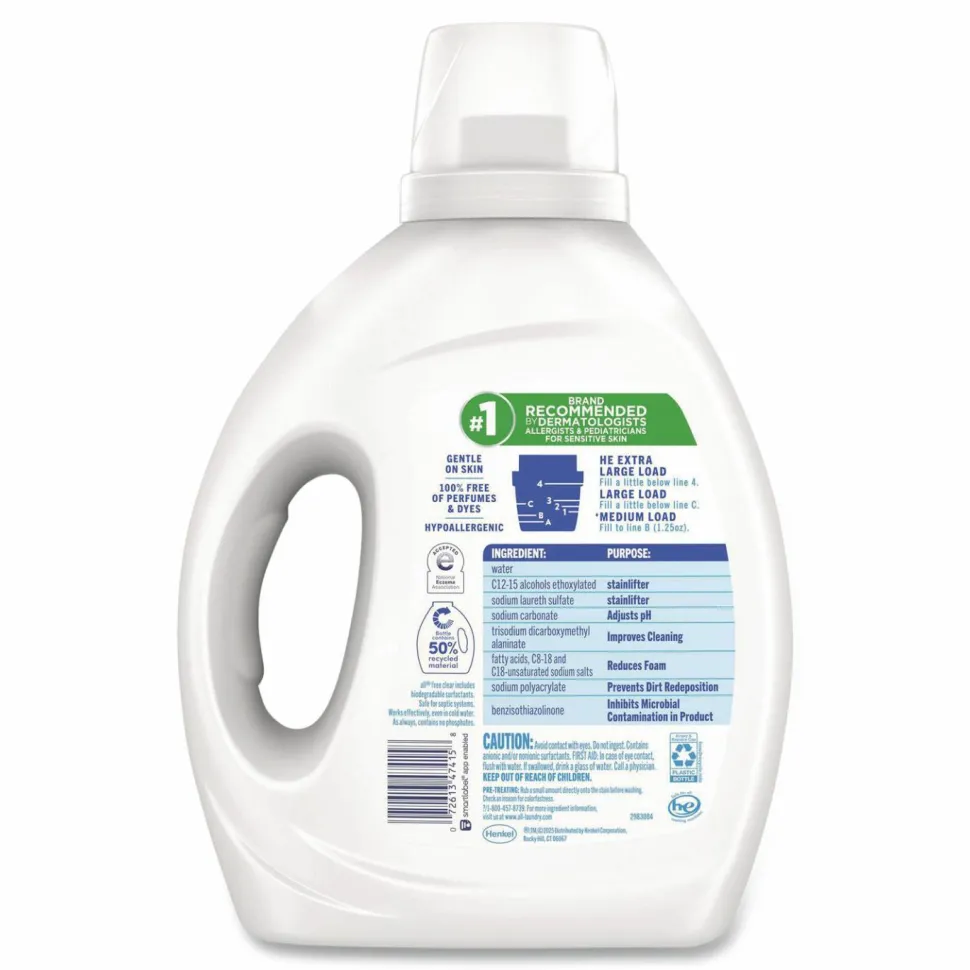 all Free Clear HE Laundry Detergent, 58 Loads, Unscented, 73 oz Bottle, 6/Carton