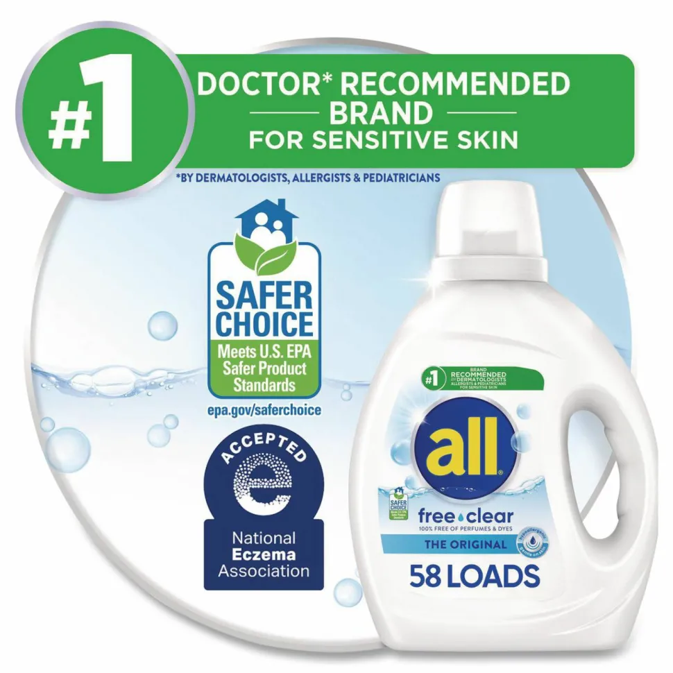 all Free Clear HE Laundry Detergent, 58 Loads, Unscented, 73 oz Bottle, 6/Carton