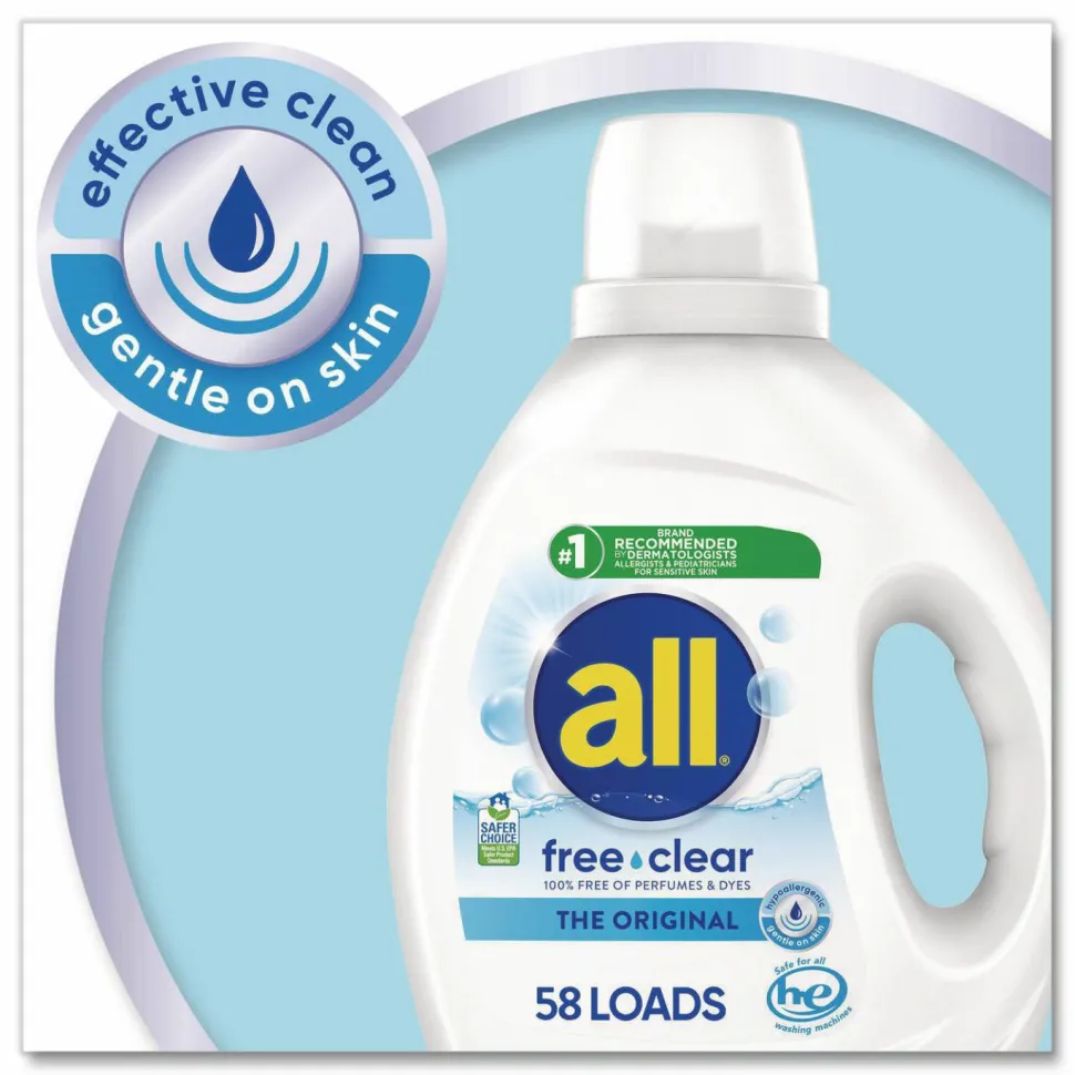 all Free Clear HE Laundry Detergent, 58 Loads, Unscented, 73 oz Bottle, 6/Carton