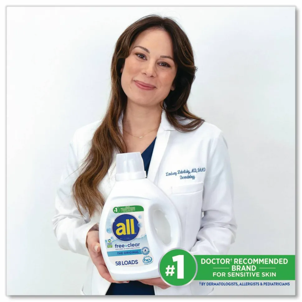 all Free Clear HE Laundry Detergent, 58 Loads, Unscented, 73 oz Bottle, 6/Carton