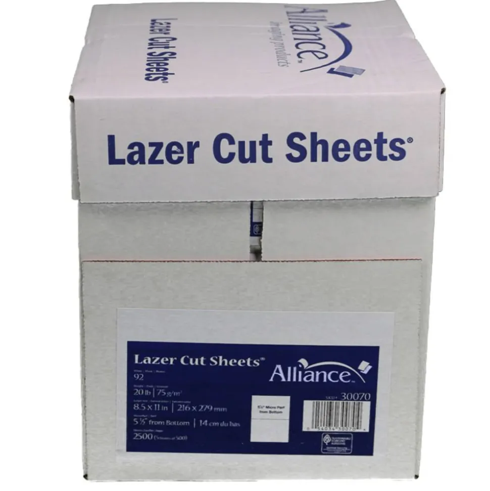 Alliance Processed Lazer Cut Sheet Copy Paper, 8-1/2 x 11, Perforated 5-1/2", 92+ Bright, 20 Lb, White, 500 Sheets Per Ream, Carton Of 5 Reams