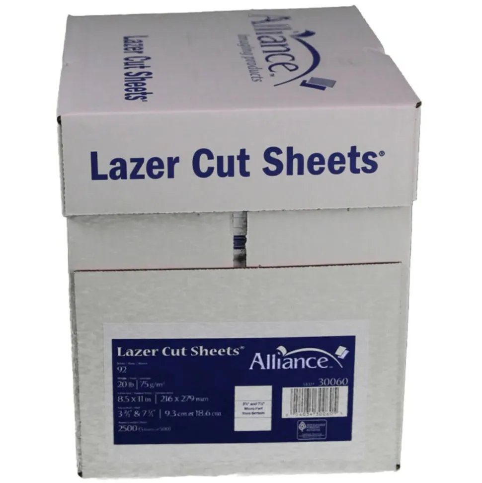 Alliance Processed Lazer Cut Sheet Copy Paper, 8.5 x 11, 20 lb., 92+ Bright, Perforated every 3-2/3", 500 Sheets Per Ream, Carton of 5 Reams.