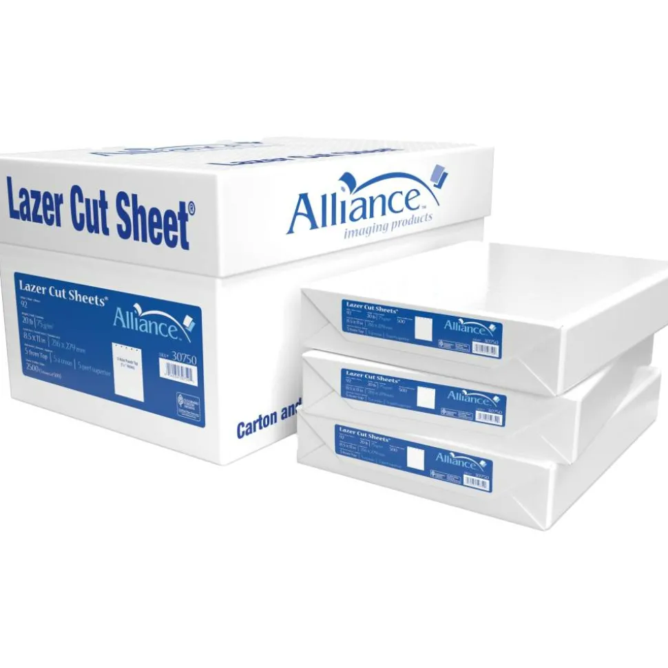 Alliance Processed Lazer Cut Sheet Copy Paper, 5 Reams, White, 8-1/2" x 11", 5-Hole Punch, 92+ Bright, 20 Lb, White, 500 Sheets Per Ream