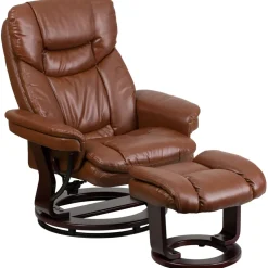 Allie Contemporary Multi-Position Recliner and Curved Ottoman with Swivel Mahogany Wood Base in Brown Vintage LeatherSoft