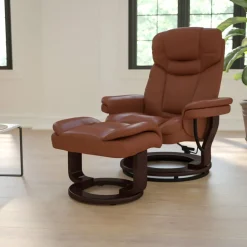 Allie Contemporary Multi-Position Recliner and Curved Ottoman with Swivel Mahogany Wood Base in Brown Vintage LeatherSoft
