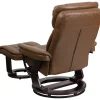 Allie Contemporary Multi-Position Recliner and Curved Ottoman with Swivel Mahogany Wood Base in Palimino LeatherSoft