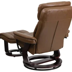 Allie Contemporary Multi-Position Recliner and Curved Ottoman with Swivel Mahogany Wood Base in Palimino LeatherSoft
