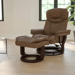 Allie Contemporary Multi-Position Recliner and Curved Ottoman with Swivel Mahogany Wood Base in Palimino LeatherSoft