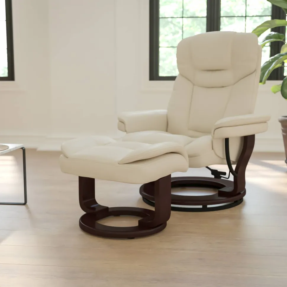Allie Recliner Chair with Ottoman | Beige LeatherSoft Swivel Recliner Chair with Ottoman Footrest