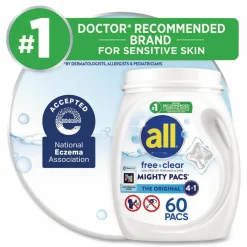 all MIGHTY PACS Free Clear HE Laundry Detergent, 60 Pods/Tub, 4 Tubs/Carton