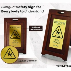 Alpine Industries 2-Sided Plated Wooden A-Frame Bilingual Wet Floor Sign, 15 x 2 x 24, Brass