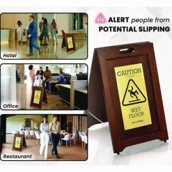 Alpine Industries 2-Sided Plated Wooden A-Frame Bilingual Wet Floor Sign, 15 x 2 x 24, Brass