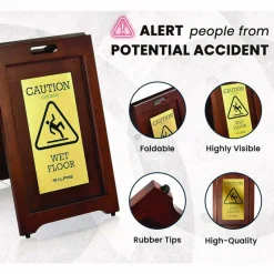 Alpine Industries 2-Sided Plated Wooden A-Frame Bilingual Wet Floor Sign, 15 x 2 x 24, Brass