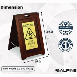Alpine Industries 2-Sided Plated Wooden A-Frame Bilingual Wet Floor Sign, 15 x 2 x 24, Brass
