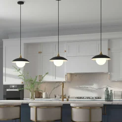 Alvia 14.5" Wide Pendant with Metal/Glass Shade in Matte Black/Brass/White