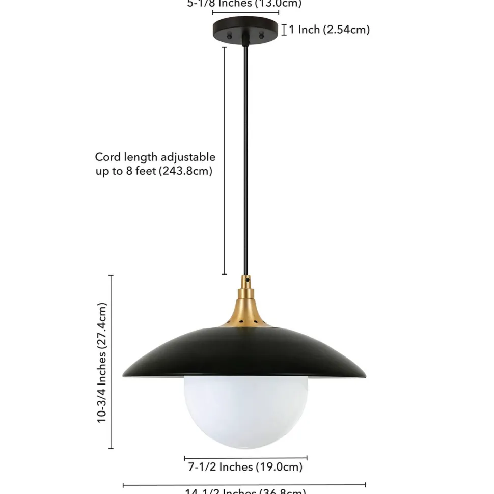 Alvia 14.5" Wide Pendant with Metal/Glass Shade in Matte Black/Brass/White