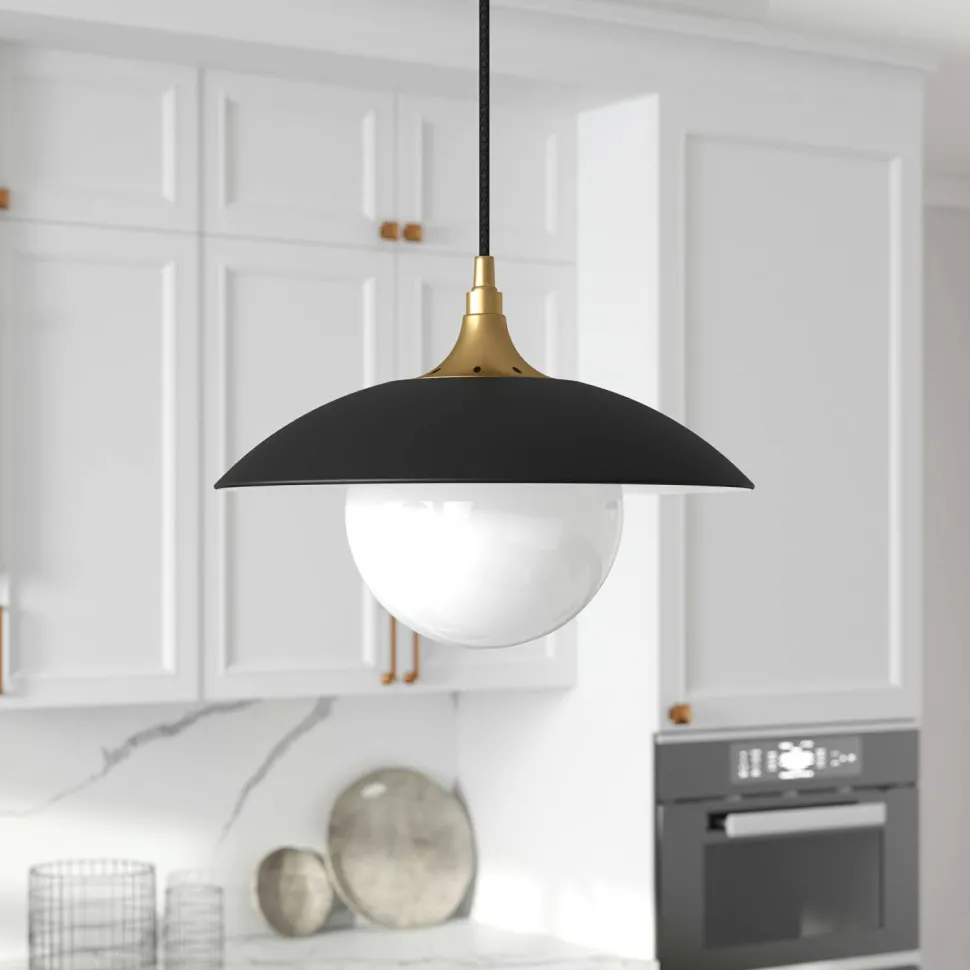 Alvia 14.5" Wide Pendant with Metal/Glass Shade in Matte Black/Brass/White