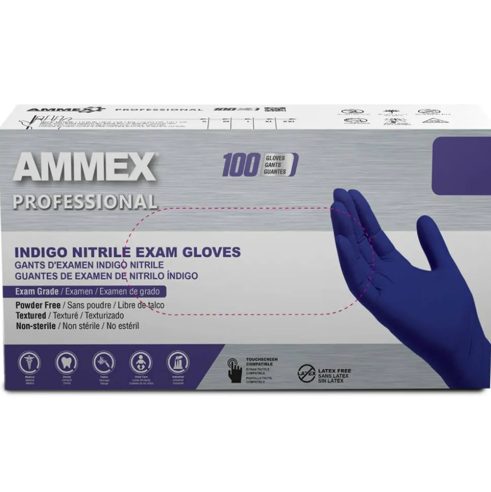 Ammex Professional Indigo Disposable Powder-Free Nitrile Exam Gloves, Large, Box Of 100 Gloves