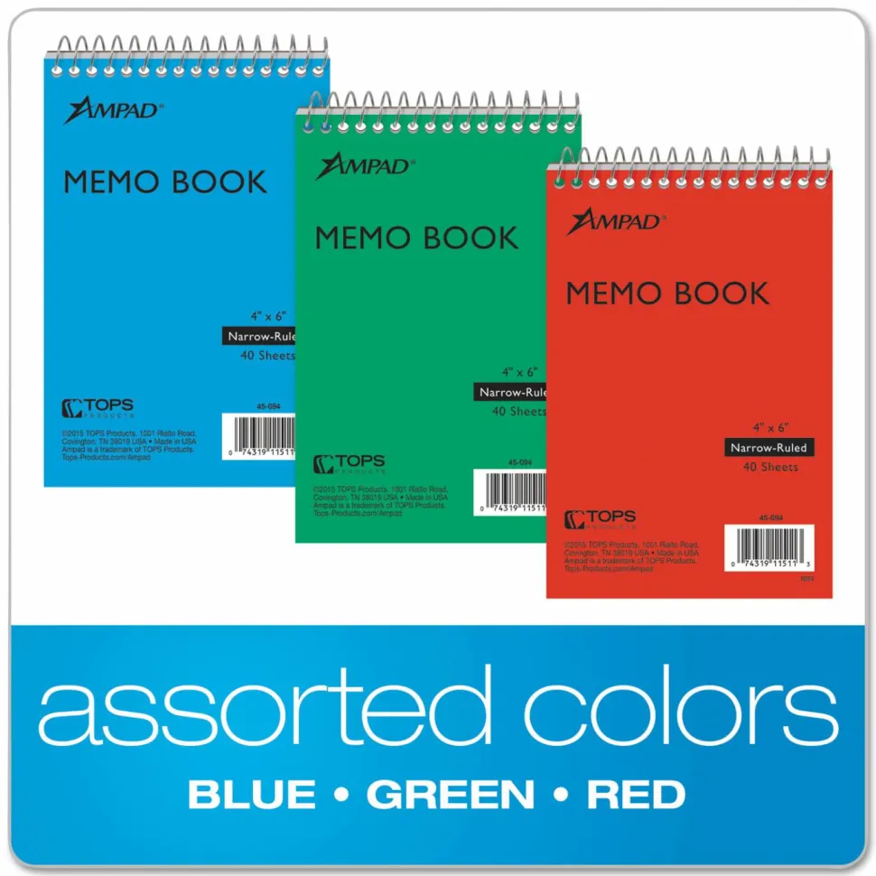 Ampad Memo Pads, Assorted Cover Colors, Narrow Rule, (40) White 4 x 6 Sheets, 3/Pack