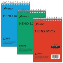 Ampad Memo Pads, Assorted Cover Colors, Narrow Rule, (40) White 4 x 6 Sheets, 3/Pack