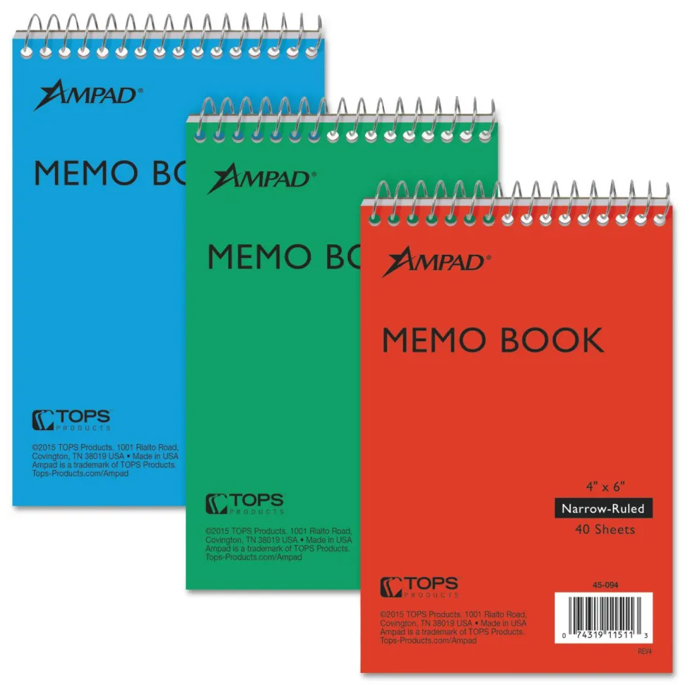 Ampad Memo Pads, Assorted Cover Colors, Narrow Rule, (40) White 4 x 6 Sheets, 3/Pack