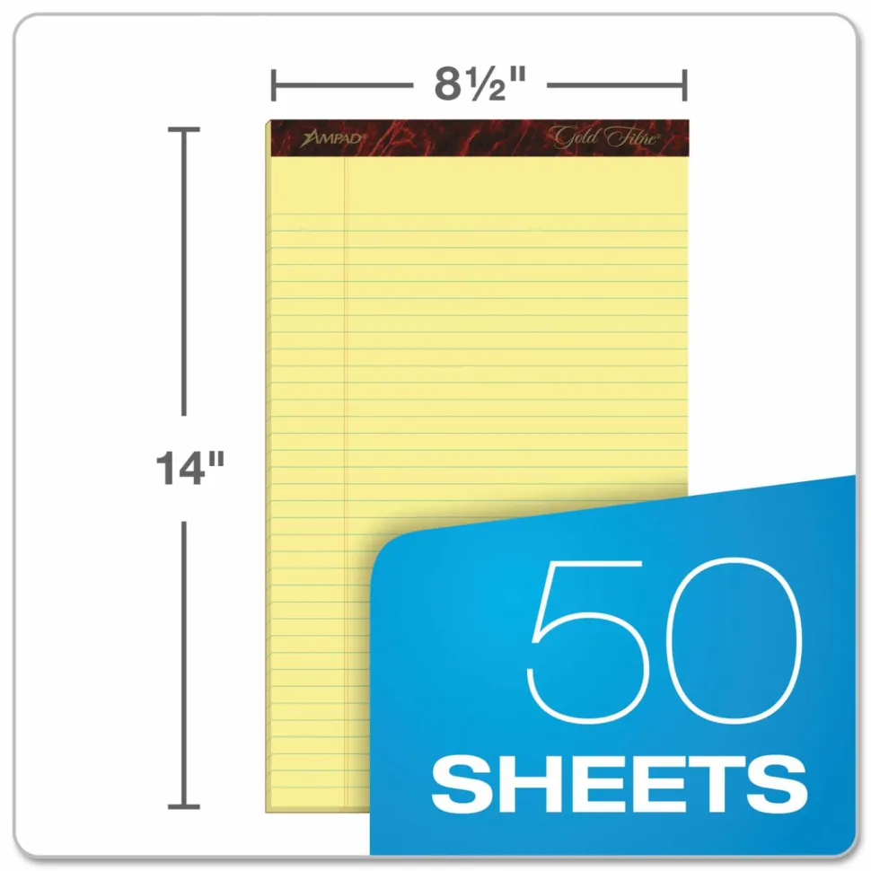 Ampad Gold Fibre Quality Writing Pads, Wide/Legal Rule, (50) Canary Yellow 8.5 x 14 Sheets, Dozen