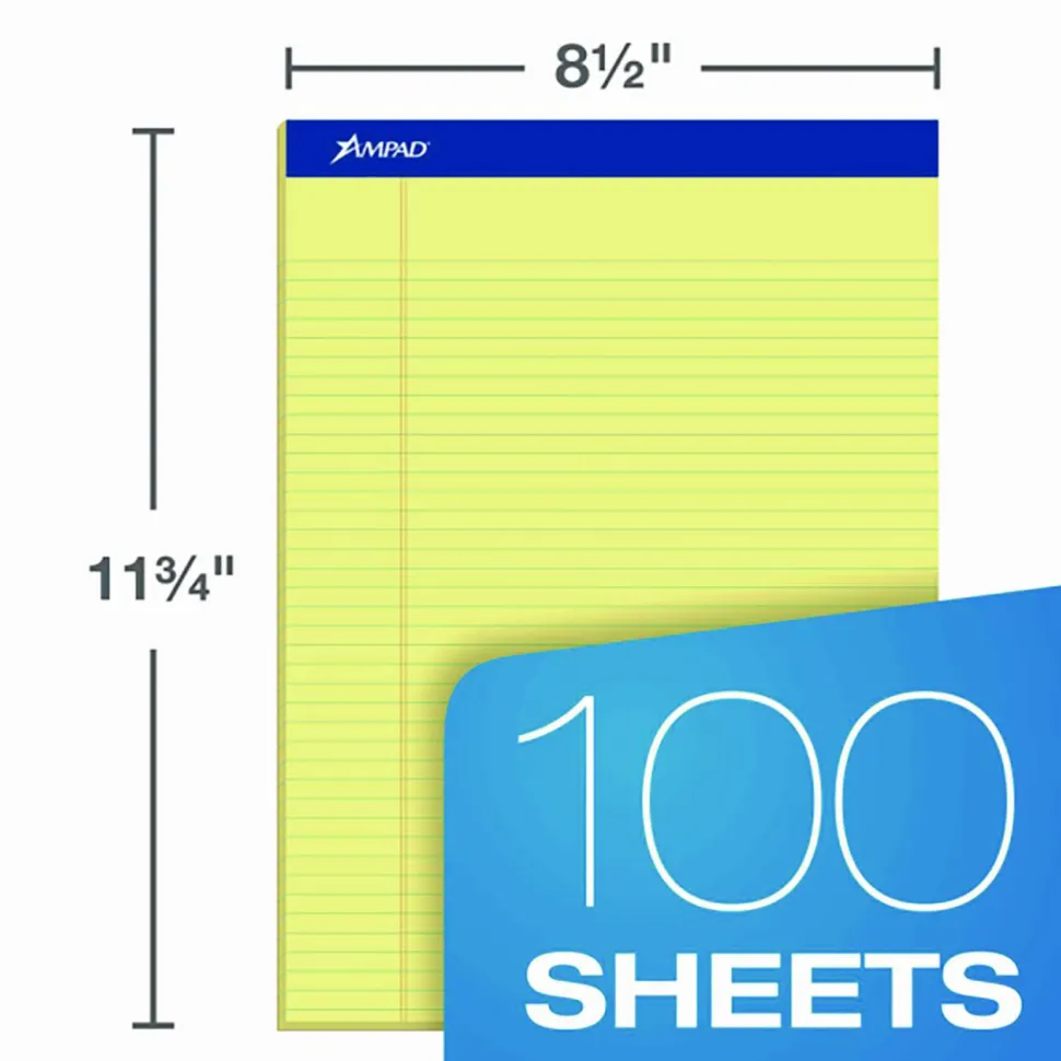 Ampad Perforated Ruled Pads, Letter Size, 50 Sheets, Ruled, Canary Yellow, Box Of 12