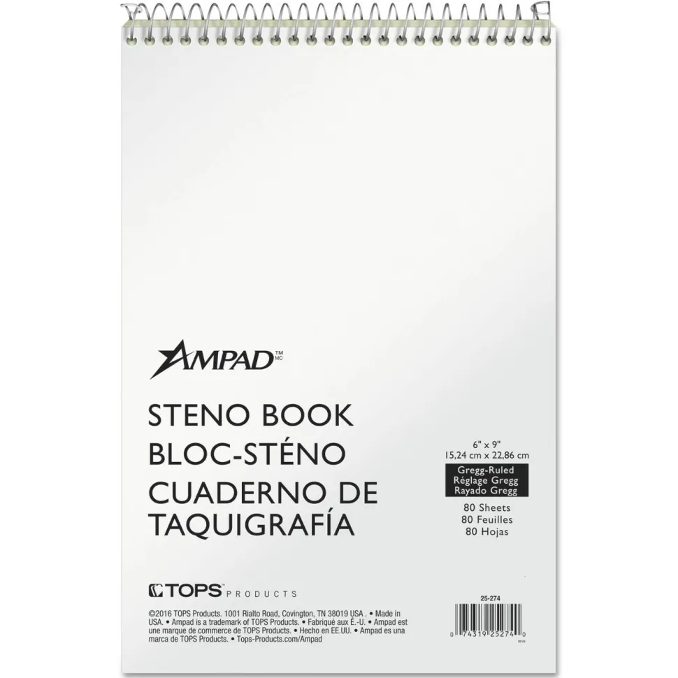 Ampad Steno Pads, Tan Cover, Gregg Rule, (80) Green-Tint 6 x 9 Sheets