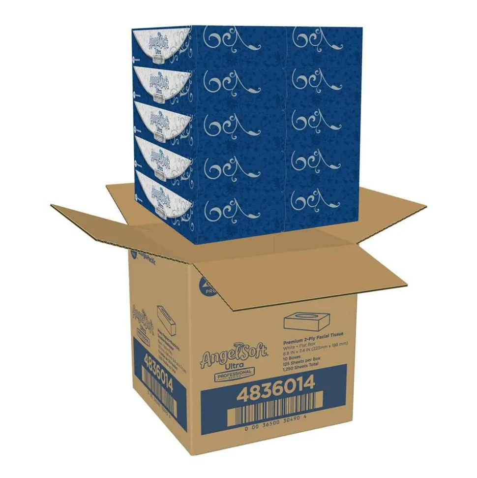 Angel Soft by GP PRO Ultra Professional Series 2-Ply Facial Tissue, Flat Box, White, 125 Tissues Per Box, 10 Boxes