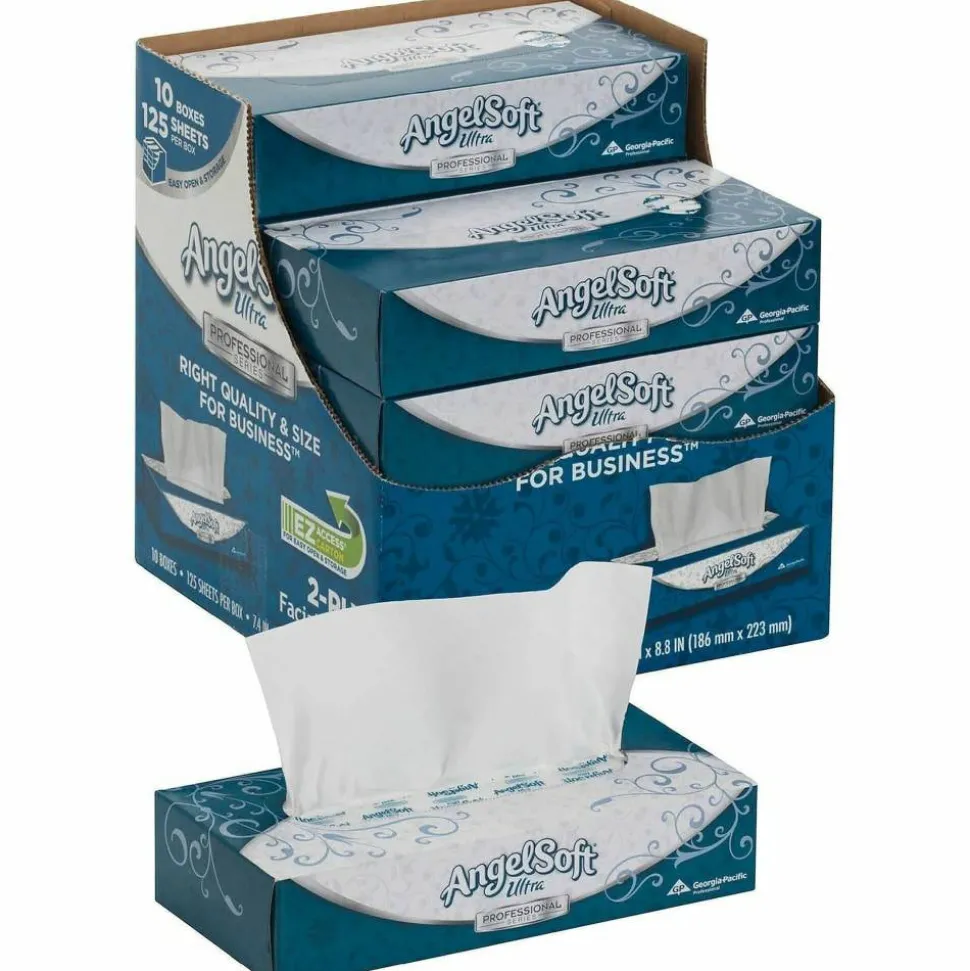 Angel Soft by GP PRO Ultra Professional Series 2-Ply Facial Tissue, Flat Box, White, 125 Tissues Per Box, 10 Boxes