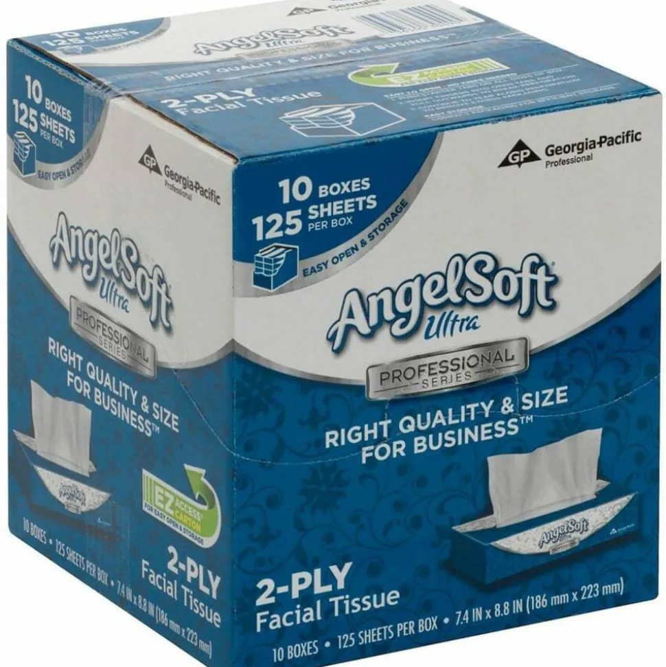 Angel Soft by GP PRO Ultra Professional Series 2-Ply Facial Tissue, Flat Box, White, 125 Tissues Per Box, 10 Boxes
