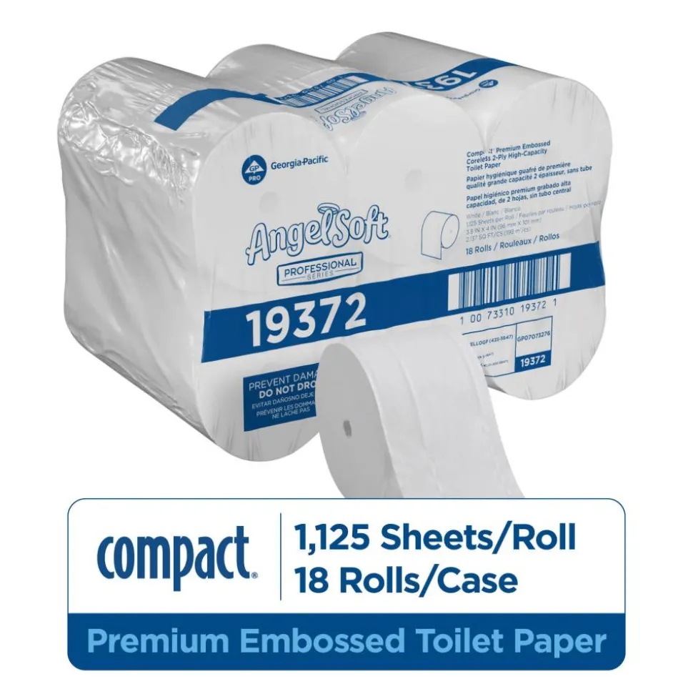 Angel Soft Compact by GP PRO, 2 Ply, Premium Embossed Coreless Toilet Paper, 4x3.8, 20% Recycled, White, 1125 Sheets, 18 Rolls per Case