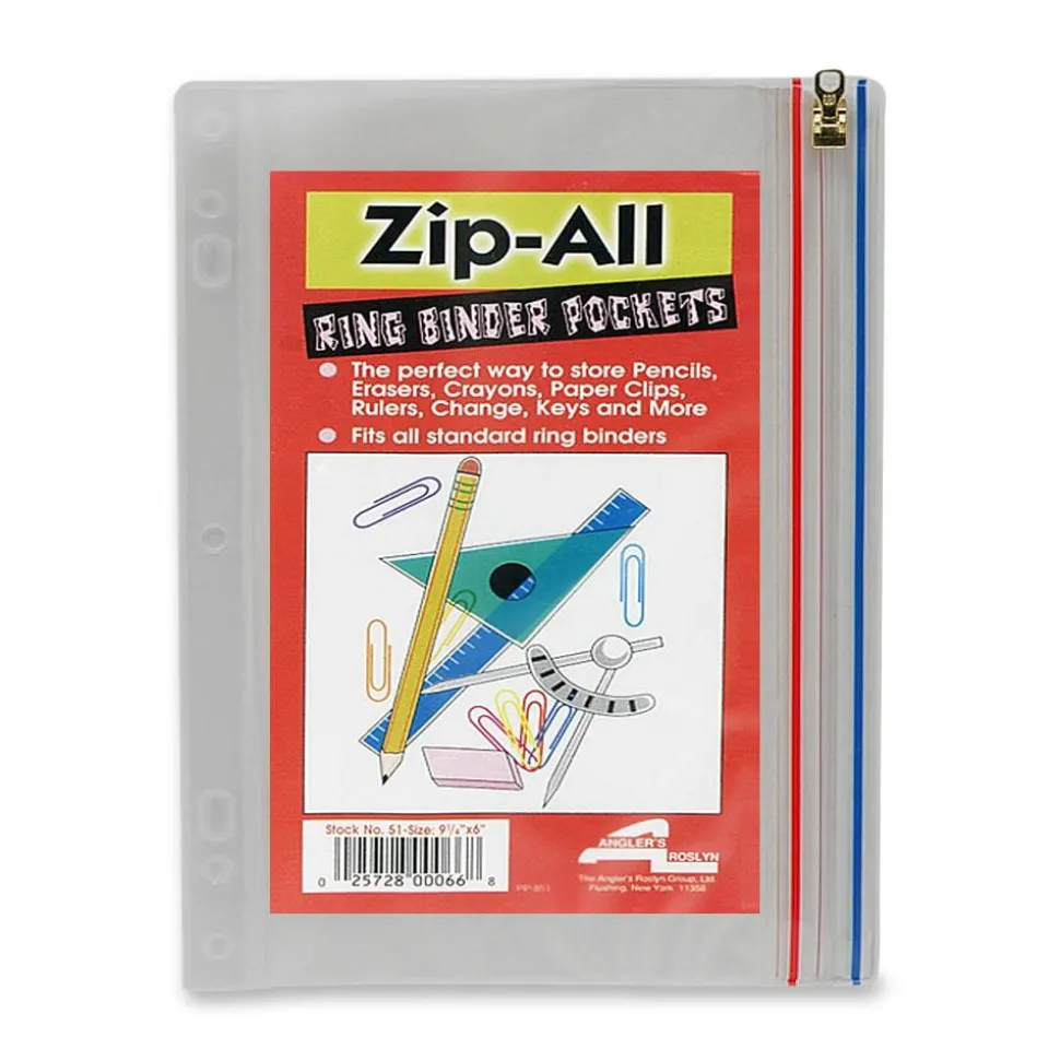 Anglers Zip-All Ring Binder Pocket, 8" x 10 1/2", Clear