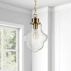 Annie 9.13" Wide Pendant with Glass Shade in Brass/Seeded