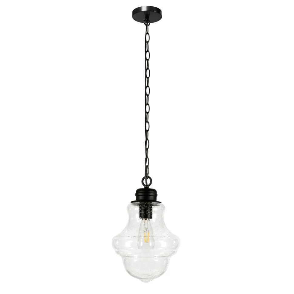 Annie 9.13" Wide Pendant with Glass Shade in Blackened Bronze/Seeded