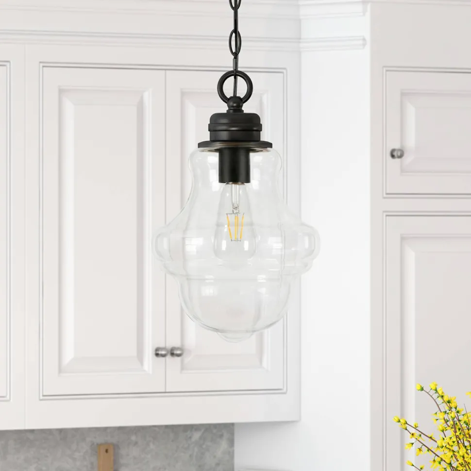 Annie 9.13" Wide Pendant with Glass Shade in Blackened Bronze/Clear