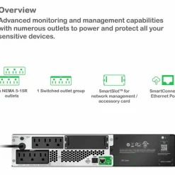 APC Smart-UPS, Line Interactive, 1000VA, Lithium-ion, Rackmount 2U, 120V, 6x NEMA 5-15R outlets, SmartConnect Port+SmartSlot, Short Depth, AVR, LCD
