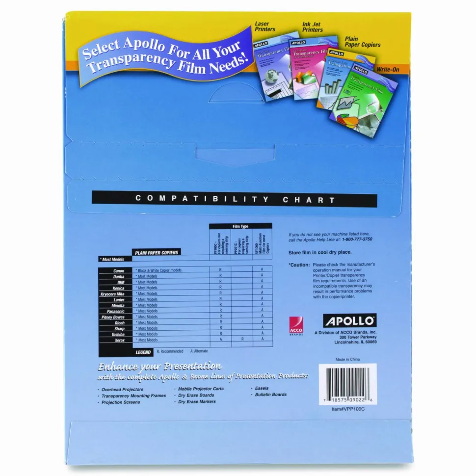 Apollo Plain Paper Copier Transparency Film, Black On Clear, Box Of 100