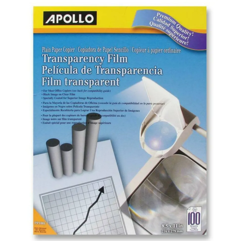 Apollo Plain Paper Copier Transparency Film, Black On Clear, Box Of 100