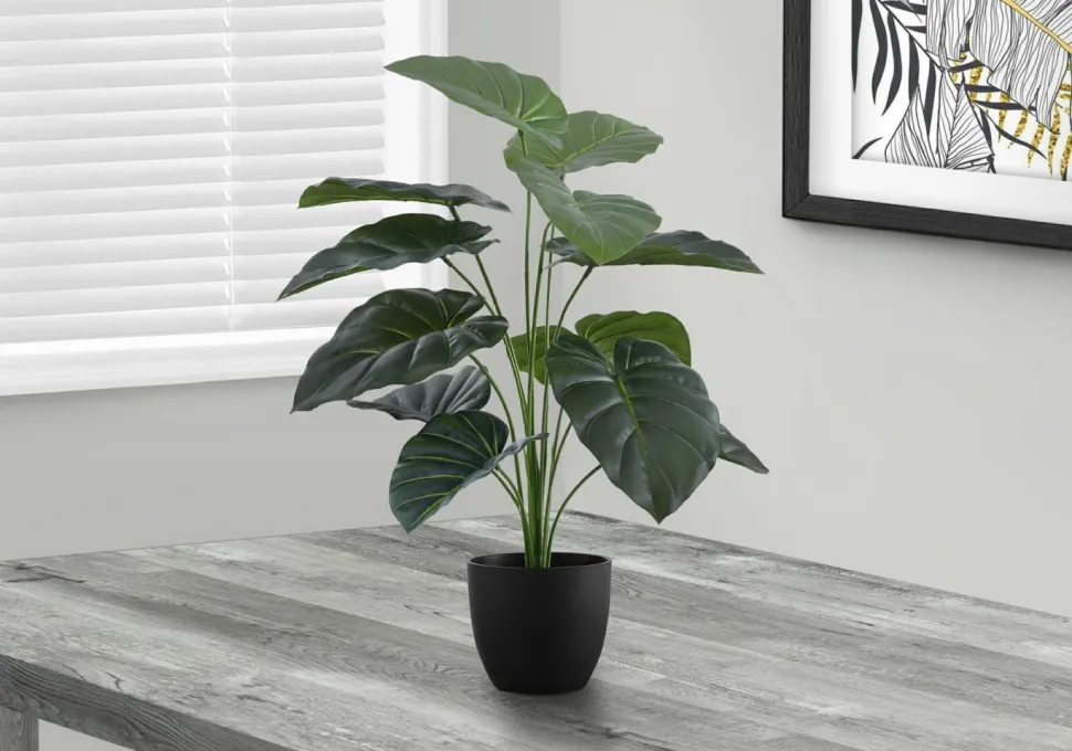Artificial Plant, 24" Tall, Alocasia, Indoor, Faux, Fake, Table, Greenery, Potted, Real Touch, Decorative, Green Leaves, Black Pot